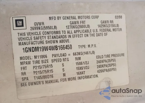 1998 Chevrolet Astro из США, поврежденный, VIN 1GNDM19W4WB166450